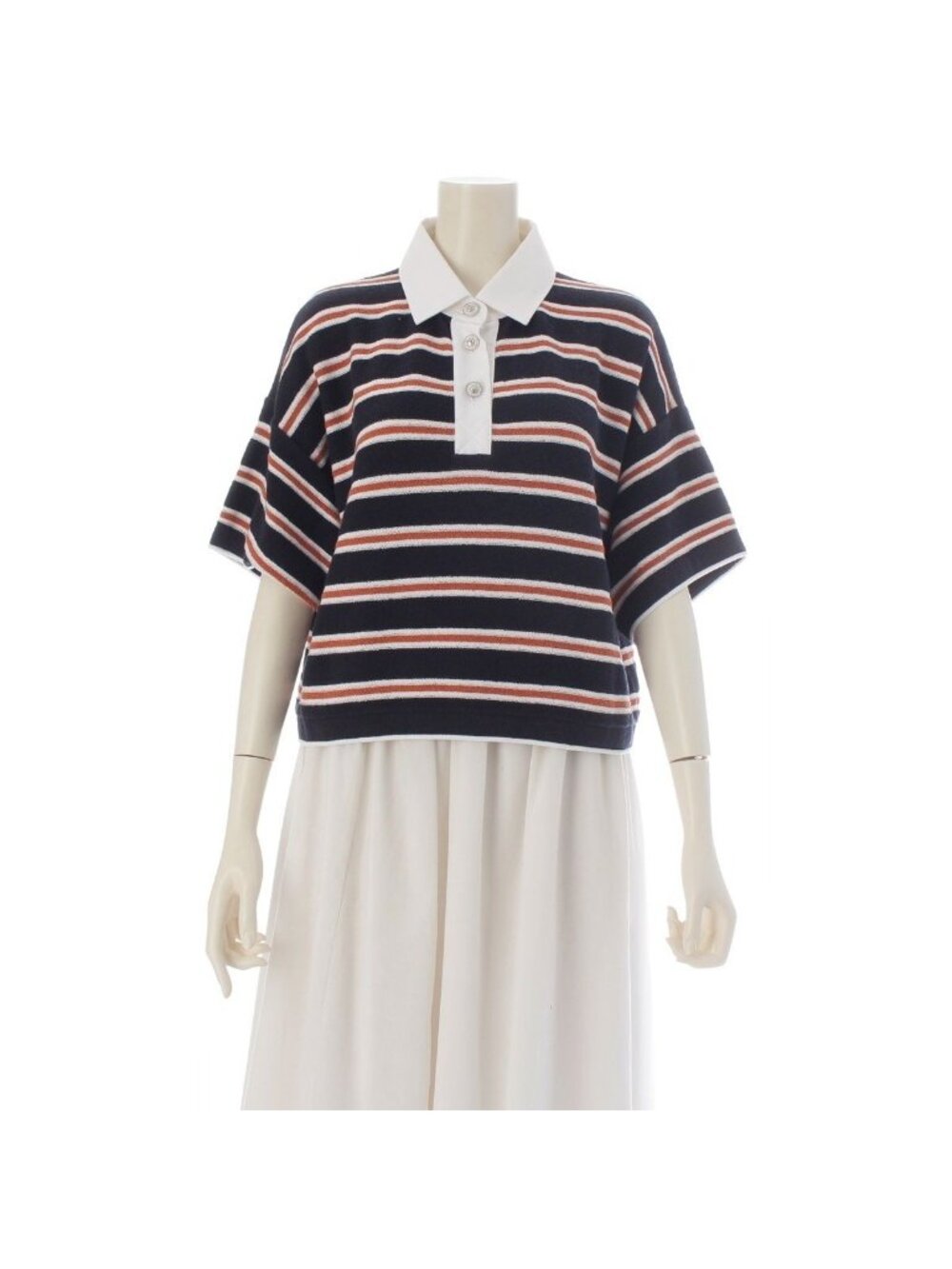 Chanel 26C Cotton Lion Button Border Cropped Polo Shirt Top Navy White 36